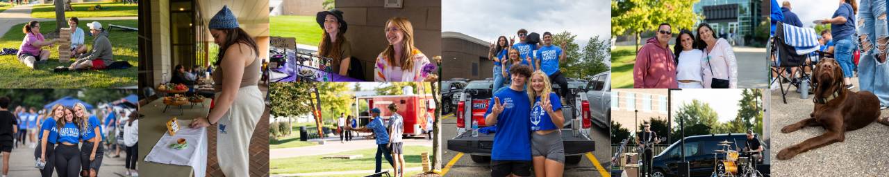 family weekend web header with photos of students and their parents partaking in football events, student small business market, and kickoff